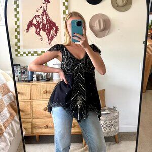 KRISHMA BLACK BEADED BOHO BLOUSE WOMENS SIZE MEDIUM